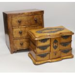 A Victorian miniature burr walnut bow fronted chest and a beech jewellery box, chest 29cm