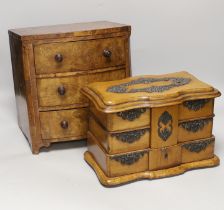 A Victorian miniature burr walnut bow fronted chest and a beech jewellery box, chest 29cm