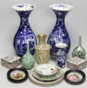 Mixed Oriental and European vases, plates, pots and dishes, tallest 37cm high