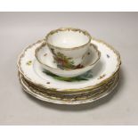 Five 19th century Meissen porcelain items including three plates, a dish and a cup and saucer,