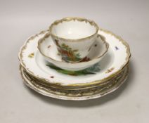 Five 19th century Meissen porcelain items including three plates, a dish and a cup and saucer,