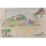 Edward Ardizzone (1900-1978) ink and watercolour, Garden scene with three figures, initialled,