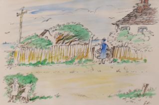 Edward Ardizzone (1900-1978) ink and watercolour, Garden scene with three figures, initialled,