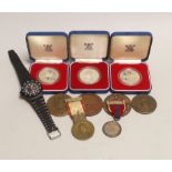 Three cased proof silver 1977 crowns, and various commemorative medals