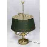 A Regency style gilt three branch/light table lamp with toleware shade, 65cm high