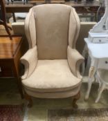 A George I style wing armchair upholstered in faux suede fabric, width 78cm, depth 70cm, height