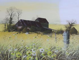 Paul Evans (b.1950) gouache, Hay barn and meadow in autumn landscape, signed and dated 1982, 58cm