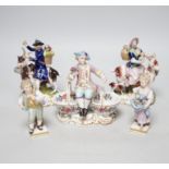 A pair of 19th century Derby figures, a pair of Meissen figures and another, tallest 13cm