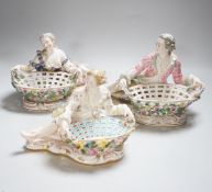 Three English porcelain Meissen style figural baskets, highest 18cm