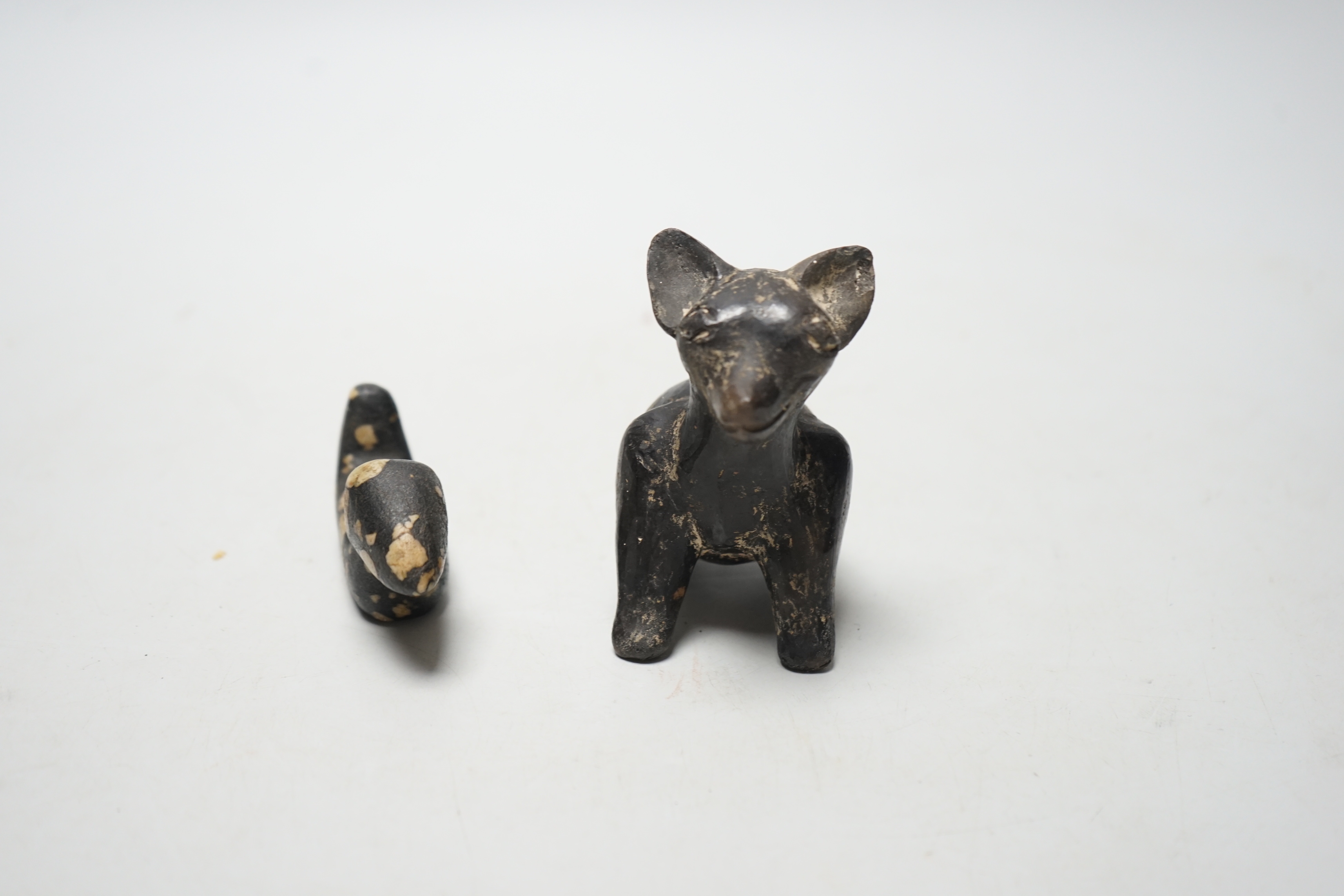 A pre-Columbian black glazed pottery figure of a fox, 9cm and a figure of a duck, 8cm - Image 2 of 3