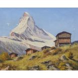 Albert Duplain (Swiss, 1890-1978), oil on canvas, Alpine scene with chalets, 49 x 40cm