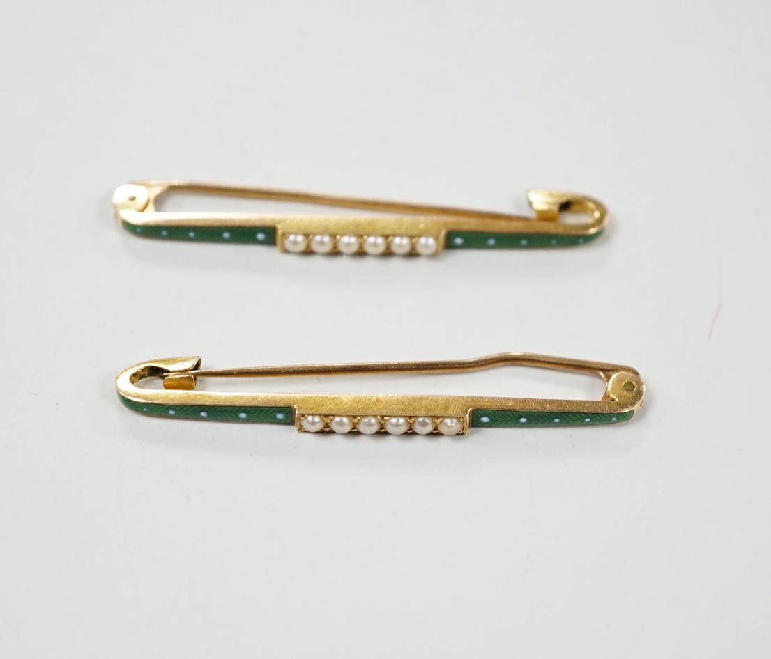 A pair of Edwardian 15ct, seed pearl and two colour enamel set bar brooches, 43mm, gross weight 6