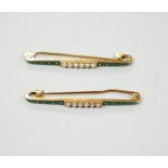 A pair of Edwardian 15ct, seed pearl and two colour enamel set bar brooches, 43mm, gross weight 6