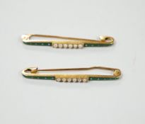 A pair of Edwardian 15ct, seed pearl and two colour enamel set bar brooches, 43mm, gross weight 6