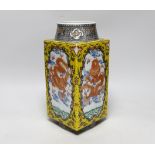 A Chinese enamelled porcelain cong-shaped vase, decorated with dragons chasing the flaming pearl,