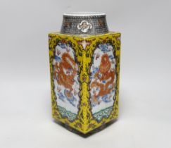 A Chinese enamelled porcelain cong-shaped vase, decorated with dragons chasing the flaming pearl,