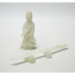 A Chinese pale celadon jade lady and a pair of bowenite jade chopsticks on stand, largest 23cm in