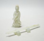 A Chinese pale celadon jade lady and a pair of bowenite jade chopsticks on stand, largest 23cm in