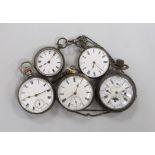 Two silver open faced pocket watches, a silver fob watch, a white metal fob watch and a gun metal