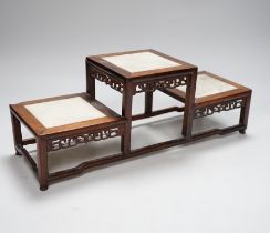 Two Chinese wood figures, various wood stands (one inset marble), in two boxes