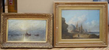 19th century School, oil on canvas, Beach scene with fishing boats and figures, monogrammed W.S.,