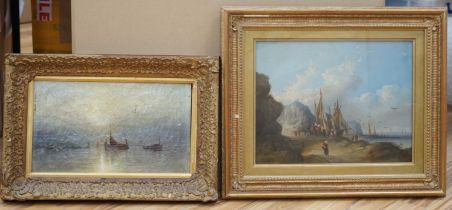 19th century School, oil on canvas, Beach scene with fishing boats and figures, monogrammed W.S.,