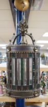 A late Victorian cylindrical panelled glass hanging hall lantern, 73cm high overall