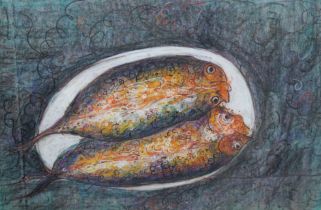 William de Belleroche (1913-1969), mixed media, Still life of fish, 'Hareng Fume', 83 x 55cm