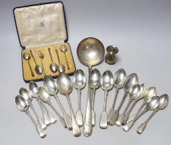 A quantity of assorted silver flatware including a set of ten Victorian silver fiddle and thread
