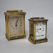 Two carriage timepieces comprising a brass example and one green onyx mounted with quartz