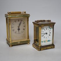 Two carriage timepieces comprising a brass example and one green onyx mounted with quartz