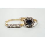 An 18ct and five stone diamond chip set half hoop ring and a modern 9ct gold, sapphire and diamond