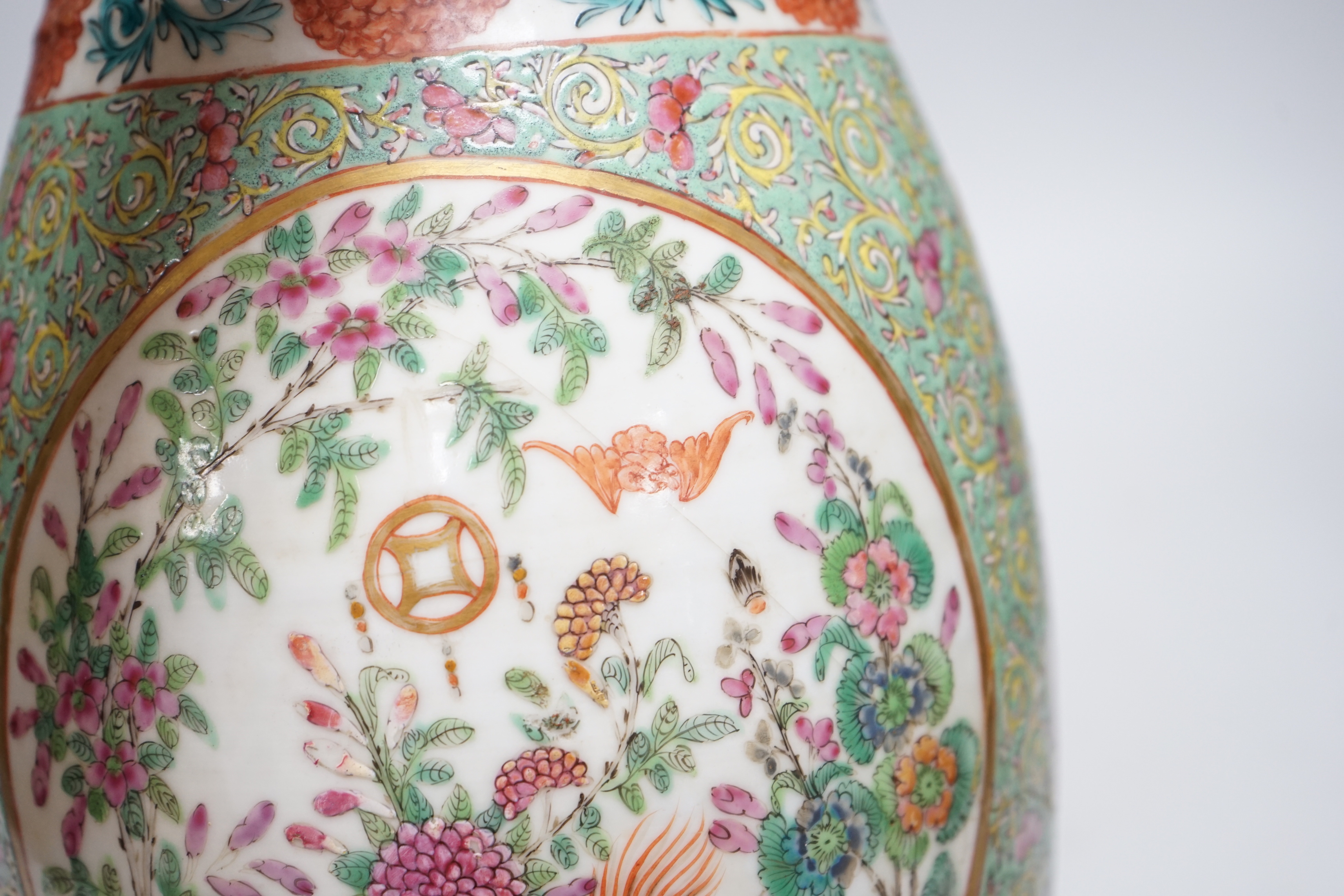 A 19th century Chinese enamelled porcelain vase on a green ground, 36.5cm - Image 6 of 7