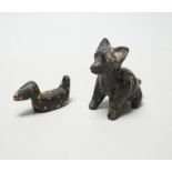 A pre-Columbian black glazed pottery figure of a fox, 9cm and a figure of a duck, 8cm