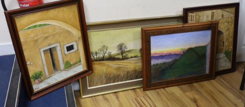 Two oils on board, Landscape scenes together with two oils on canvas of archways, signed J Salom,