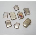 Three assorted silver vestas cases including Victorian set with a sapphire, 39mm and five other