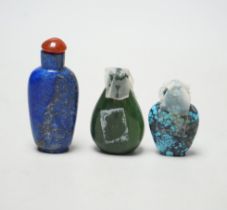 Thee Chinese hardstone snuff bottles, in spinach green Jade, lapis lazuli and turquoise matrix,