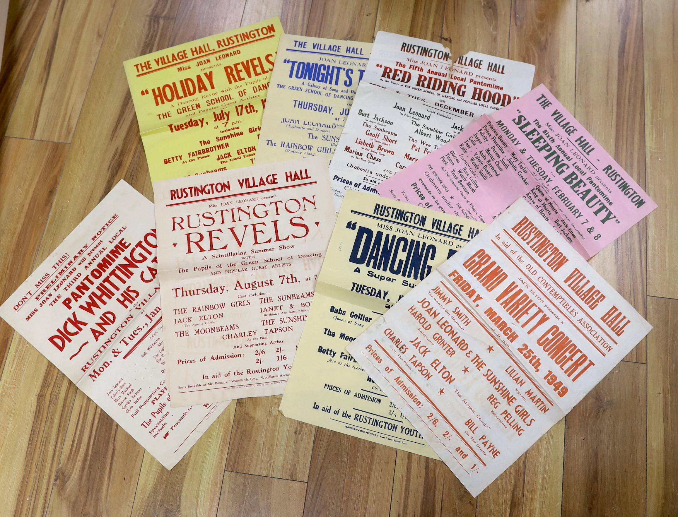 Eight unframed 1940s posters, promoting performances at Rustington Village Hall, including; Grand