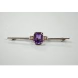 A 9ct white metal, amethyst and diamond set three stone bar brooch, 56mm, gross weight 3.7 grams,