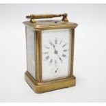 A French brass repeating carriage clock with alarm dial, 13cm