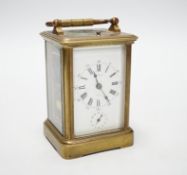 A French brass repeating carriage clock with alarm dial, 13cm