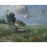 Impressionist oil on board, Flock of sheep and shepherd before a landscape, indistinctly signed,