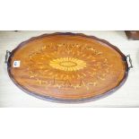 An Edwardian marquetry inlaid oval mahogany two handled tea tray, 63cm