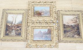 Two pairs of oils on board, comprising rural landscapes and Continental landscapes including Chateau