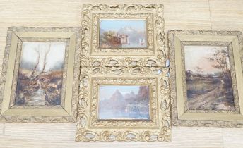 Two pairs of oils on board, comprising rural landscapes and Continental landscapes including Chateau