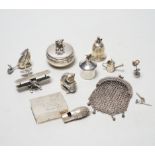 A small quantity of modern silver or 925 miniature animals, pill box, model plane, watering can