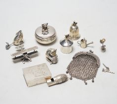 A small quantity of modern silver or 925 miniature animals, pill box, model plane, watering can