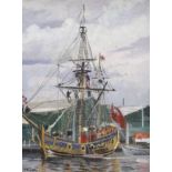 John Deller (Modern British), oil on board, Moored rigged boat, signed, 39 x 29cm