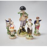 Four early 19th century Derby figures and an English porcelain figure in imitation of Derby, tallest