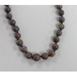 A single strand black opal bead necklace, 58cm.